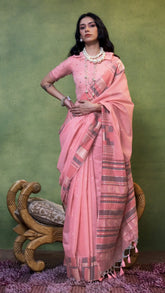 Pink and Grey Line Patterned Handloom Cotton Saree